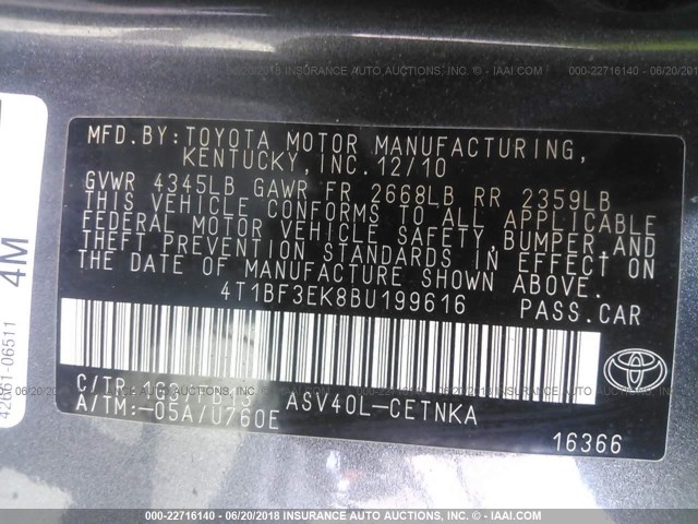 4T1BF3EK8BU199616 - 2011 TOYOTA CAMRY SE/LE/XLE GRAY photo 9