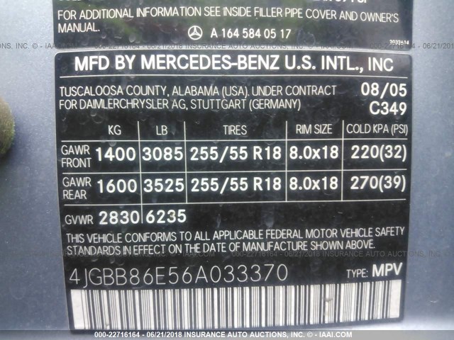 4JGBB86E56A033370 - 2006 MERCEDES-BENZ ML 350 Light Blue photo 9