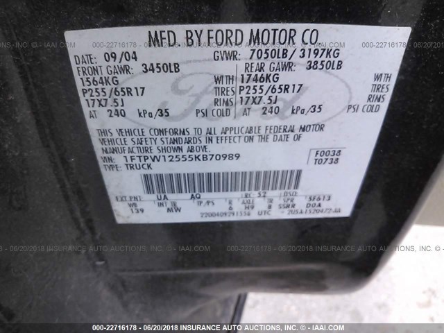 1FTPW12555KB70989 - 2005 FORD F150 SUPERCREW BLACK photo 9