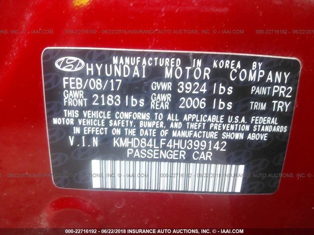 KMHD84LF4HU399142 - 2017 HYUNDAI ELANTRA SE/VALUE/LIMITED RED photo 9