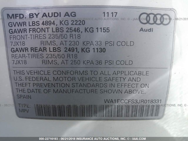 WA1ECCFS3JR018331 - 2018 AUDI Q3 PREMIUM WHITE photo 9