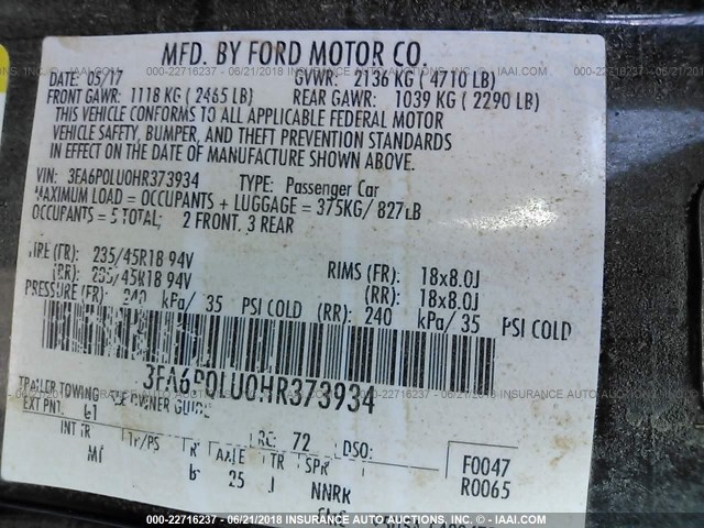 3FA6P0LU0HR373934 - 2017 FORD FUSION SE HYBRID BLACK photo 9