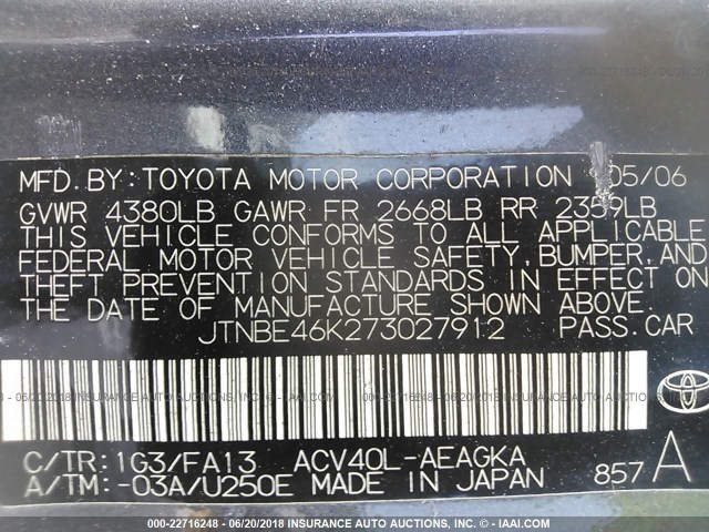 JTNBE46K273027912 - 2007 TOYOTA CAMRY NEW GENERAT CE/LE/XLE/SE GRAY photo 9