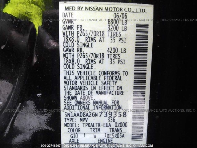 5N1AA08A26N739358 - 2006 NISSAN ARMADA SE/LE BLACK photo 9