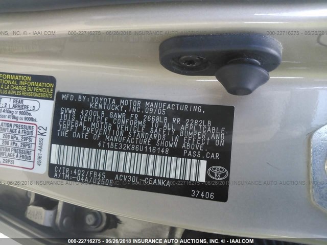 4T1BE32K86U116148 - 2006 TOYOTA CAMRY LE/XLE/SE 金色 照片 9