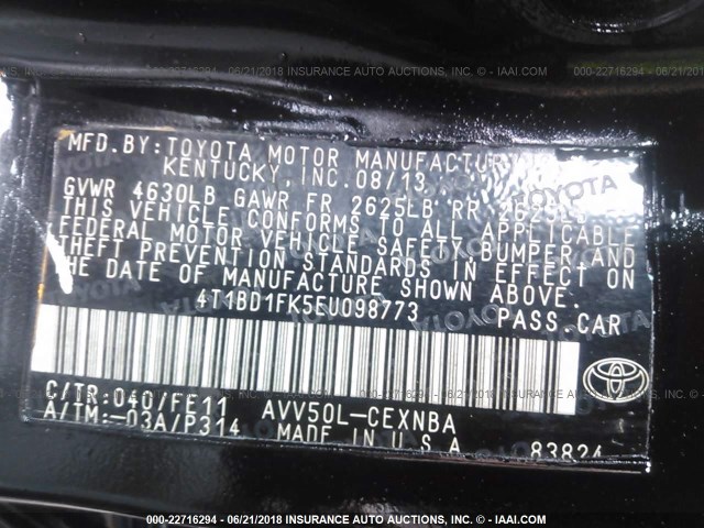 4T1BD1FK5EU098773 - 2014 TOYOTA CAMRY HYBRID/LE/XLE 黑色 照片 9