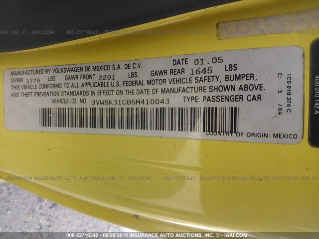 3VWBK31C85M410043 - 2005 VOLKSWAGEN NEW BEETLE GL 黄色 照片 9