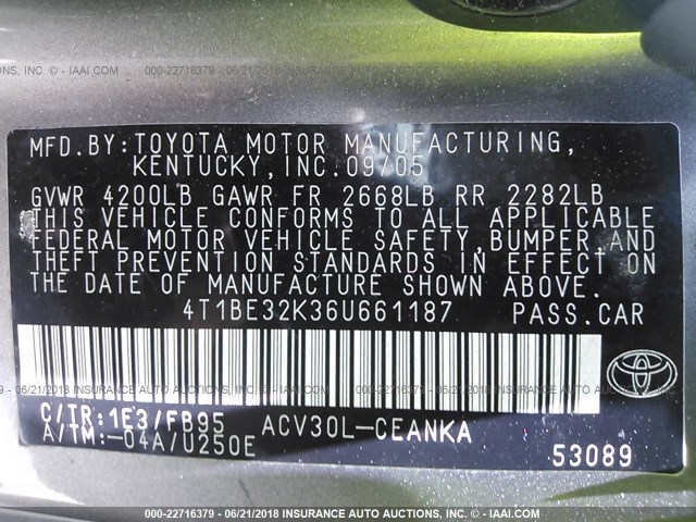 4T1BE32K36U661187 - 2006 TOYOTA CAMRY LE/XLE/SE ნაცრისფერი ფოტო 9