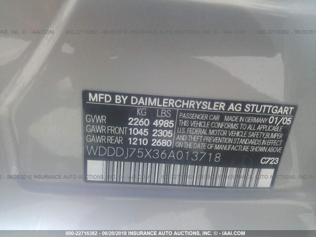 WDDDJ75X36A013718 - 2006 MERCEDES-BENZ CLS 500C GRAY photo 9