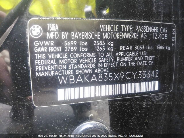 WBAKA835X9CY33342 - 2009 BMW 750 I BLACK photo 9
