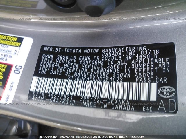 2T1BURHE0JC051023 - 2018 TOYOTA COROLLA L/LE/XLE/SE/XSE ბეჟი ფოტო 9