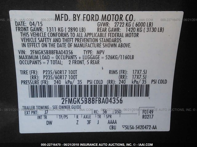 2FMGK5B88FBA04356 - 2015 FORD FLEX SE GRAY photo 9