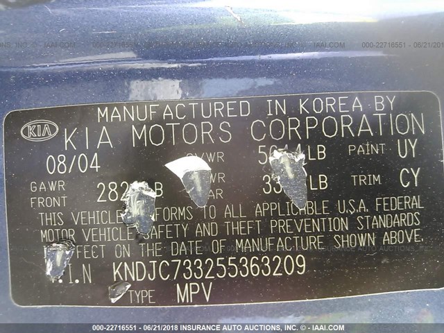 KNDJC733255363209 - 2005 KIA SORENTO EX/LX BLUE photo 9