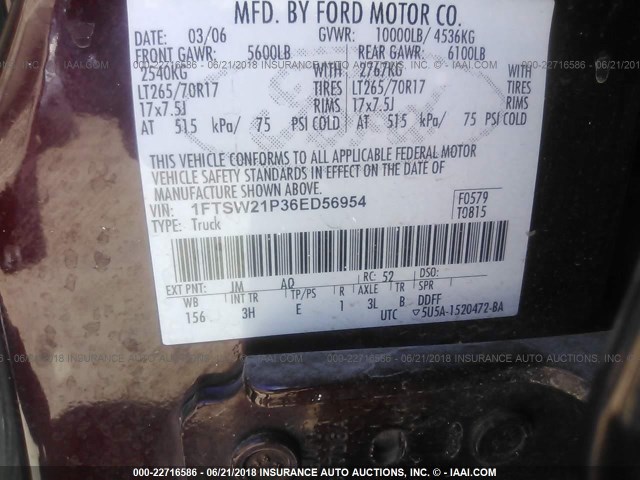 1FTSW21P36ED56954 - 2006 FORD F250 SUPER DUTY RED photo 9