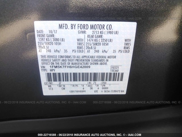 1FM5K7FH6HGE42009 - 2017 FORD EXPLORER LIMITED 灰色 照片 9