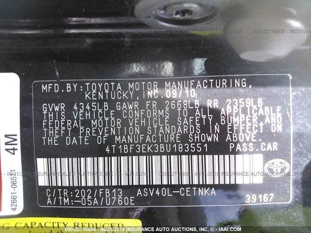 4T1BF3EK3BU183551 - 2011 TOYOTA CAMRY SE/LE/XLE შავი ფოტო 9