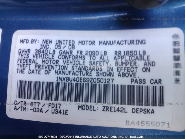 1NXBU40E69Z050127 - 2009 TOYOTA COROLLA S/LE/XLE 蓝色 照片 9