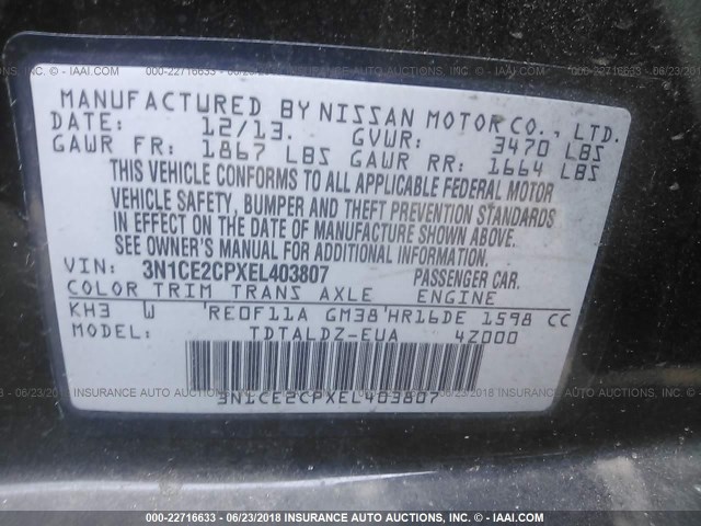 3N1CE2CPXEL403807 - 2014 NISSAN VERSA NOTE S/S PLUS/SV/SL BLACK photo 9