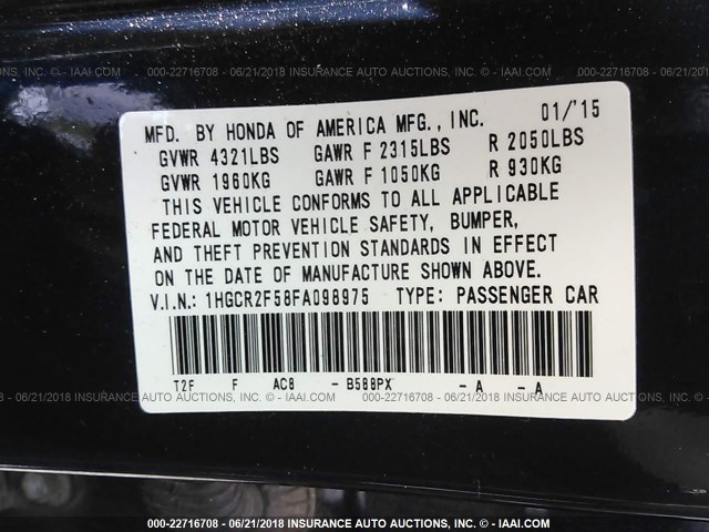 1HGCR2F58FA098975 - 2015 HONDA ACCORD SPORT ლურჯი ფოტო 9