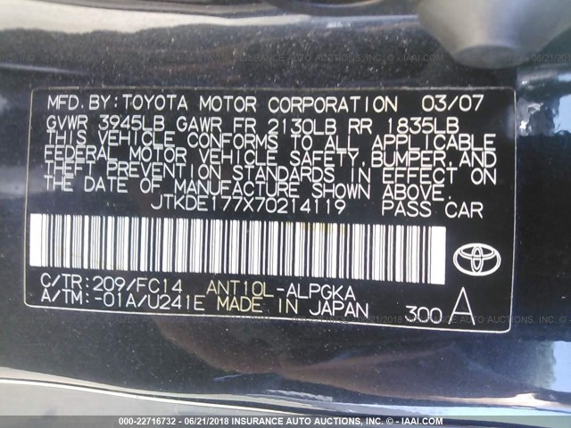 JTKDE177X70214119 - 2007 TOYOTA SCION TC 黑色 照片 9