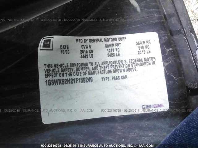 1G3WX52H21F159249 - 2001 OLDSMOBILE INTRIGUE GLS BLACK photo 9