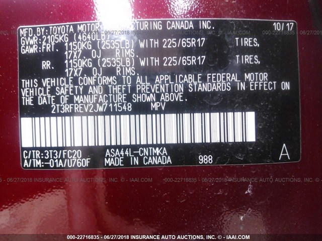 2T3RFREV2JW711548 - 2018 TOYOTA RAV4 ADVENTURE/XLE 红色 照片 9