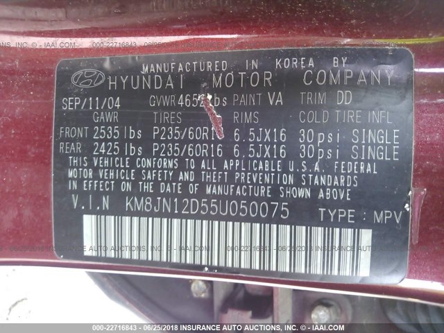 KM8JN12D55U050075 - 2005 HYUNDAI TUCSON GLS/LX RED photo 9