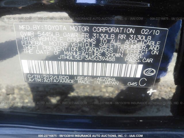 JTHGL5EF3A5039488 - 2010 LEXUS LS 460L BLACK photo 9