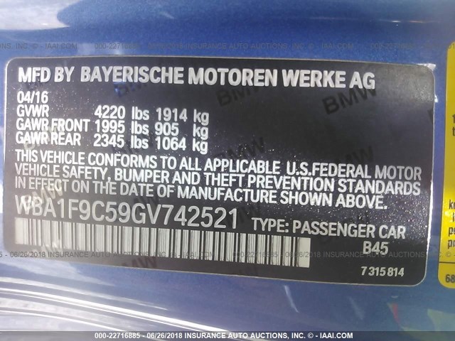 WBA1F9C59GV742521 - 2016 BMW 228 I/SULEV BLUE photo 9