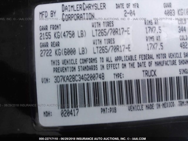 3D7KA28C34G200748 - 2004 DODGE RAM 2500 ST/SLT 黑色 照片 9