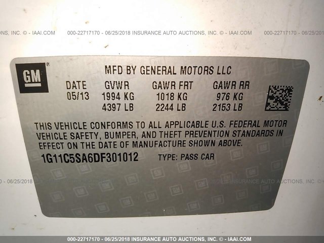 1G11C5SA6DF301012 - 2013 CHEVROLET MALIBU 1LT 白色 照片 9