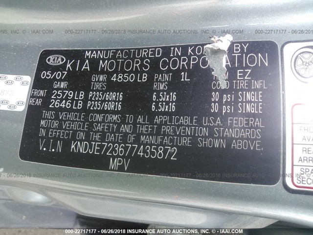 KNDJE723677435872 - 2007 KIA SPORTAGE EX/LX Light Blue photo 9