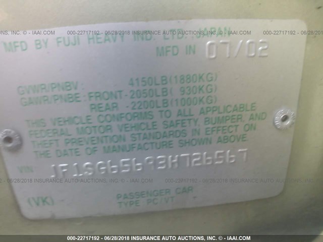 JF1SG65693H726567 - 2003 SUBARU FORESTER 2.5XS Алтын фото 9