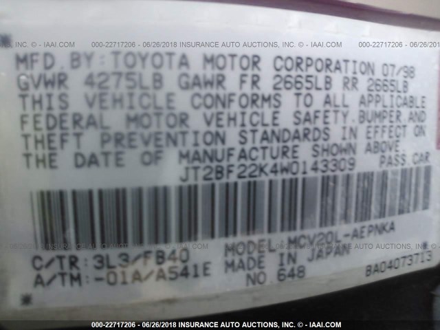 JT2BF22K4W0143309 - 1998 TOYOTA CAMRY CE/LE/XLE MAROON photo 9