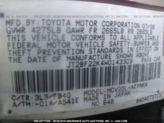 JT2BF22K4W0143309 - 1998 TOYOTA CAMRY CE/LE/XLE 栗色 照片 9