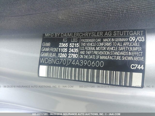 WDBNG70J74A390600 - 2004 MERCEDES-BENZ S 430 SILVER photo 9