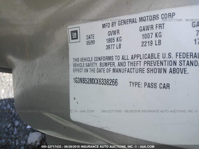 1G3NB52MXX6338266 - 1999 OLDSMOBILE CUTLASS GL ოქროსფერი ფოტო 9