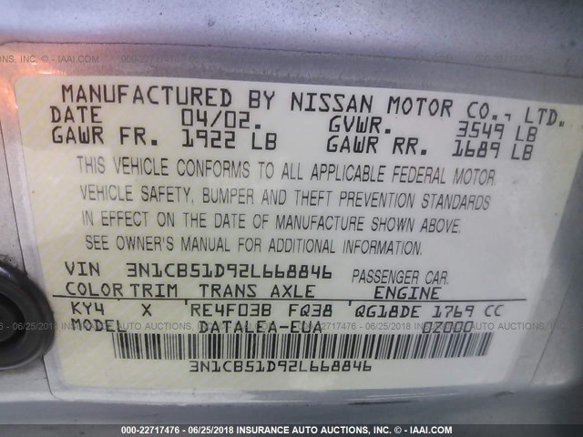 3N1CB51D92L668846 - 2002 NISSAN SENTRA XE/GXE BEIGE photo 9