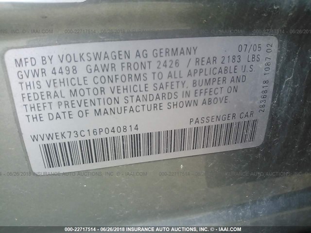 WVWEK73C16P040814 - 2006 VOLKSWAGEN PASSAT 2.0T LUXURY GREEN photo 9