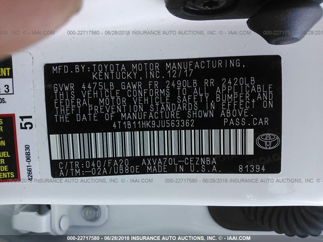 4T1B11HK9JU563362 - 2018 TOYOTA CAMRY L/LE/XLE/SE/XSE WHITE photo 9