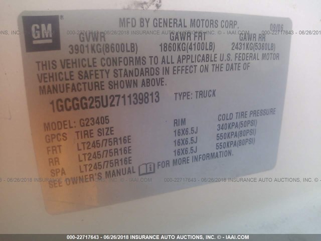 1GCGG25U271139813 - 2007 CHEVROLET EXPRESS G2500  WHITE photo 9