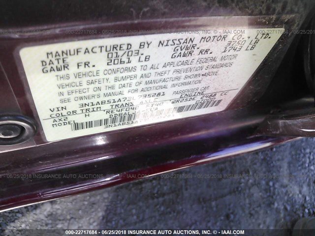 3N1AB51A73L735281 - 2003 NISSAN SENTRA SE-R LIMITED MAROON photo 9