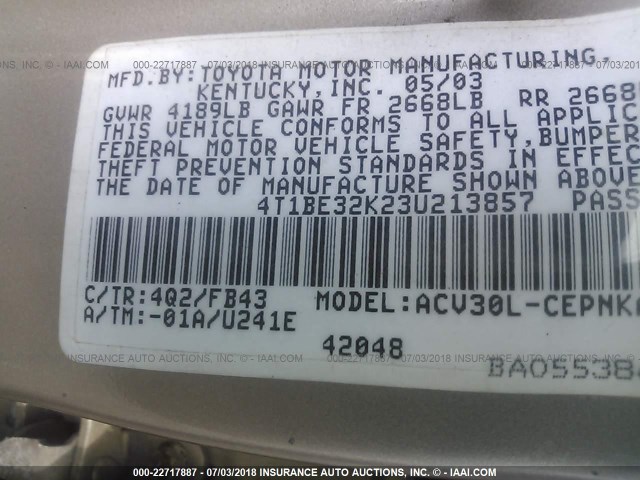 4T1BE32K23U213857 - 2003 TOYOTA CAMRY LE/XLE/SE Qəhvəyi foto 9