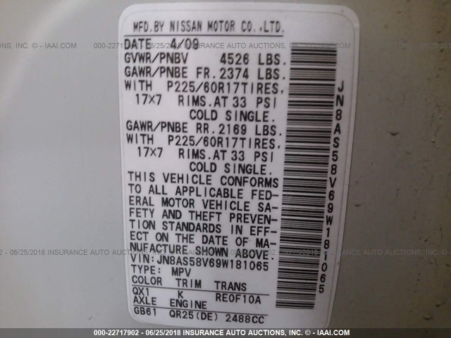 JN8AS58V69W181065 - 2009 NISSAN ROGUE S/SL WHITE photo 9