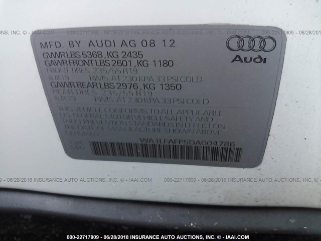 WA1LFAFP5DA004786 - 2013 AUDI Q5 PREMIUM PLUS WHITE photo 9