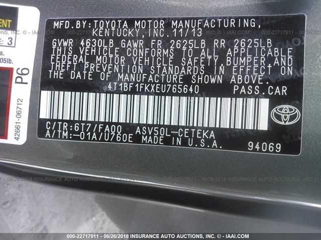 4T1BF1FKXEU765640 - 2014 TOYOTA CAMRY L/SE/LE/XLE მწვანე ფოტო 9