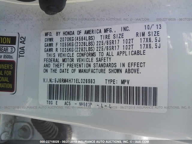 5J6RM4H71EL026983 - 2014 HONDA CR-V EXL WHITE photo 9