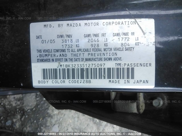 JM1BK323351275097 - 2005 MAZDA 3 S GRAY photo 9