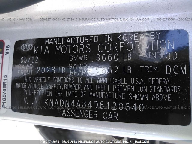 KNADN4A34D6120340 - 2013 KIA RIO EX/SX SILVER photo 9