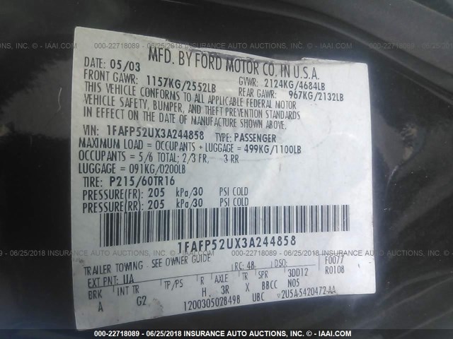 1FAFP52UX3A244858 - 2003 FORD TAURUS LX BLACK photo 9